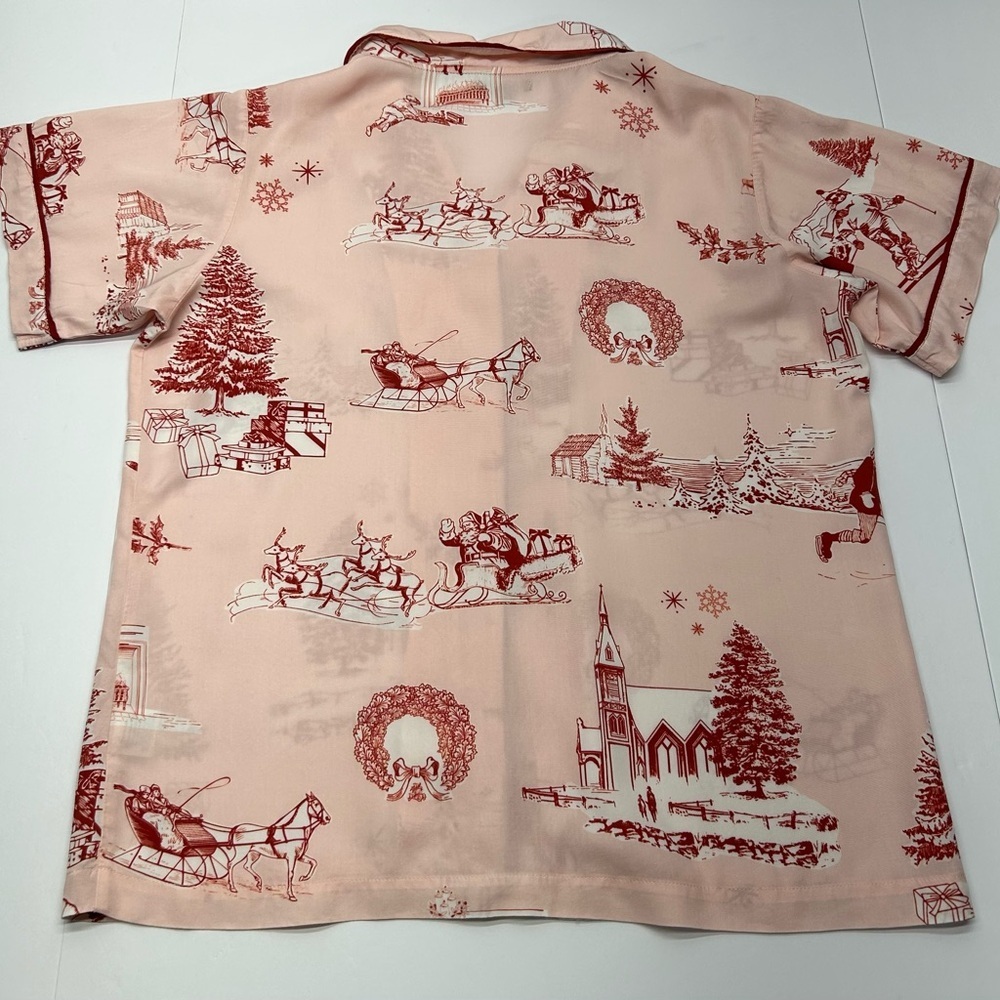 KATIE KIME WOMENS APRES SKI TOILE RED HOLIDAY PRINT THEME PAJAMA TOP LG - Picture 2 of 16